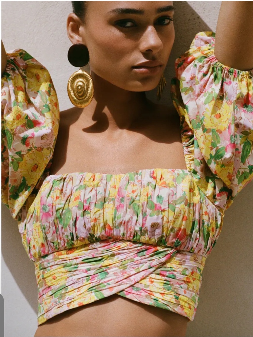 Zara Floral Puff Sleeve Ruched Tie Back Crop Top Square Neck NWT Size S